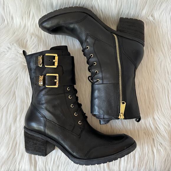 Donald Pliner Danti Combat Boots Leather Lace Up Buckle Zip Block Heeled, Black - Picture 7 of 11